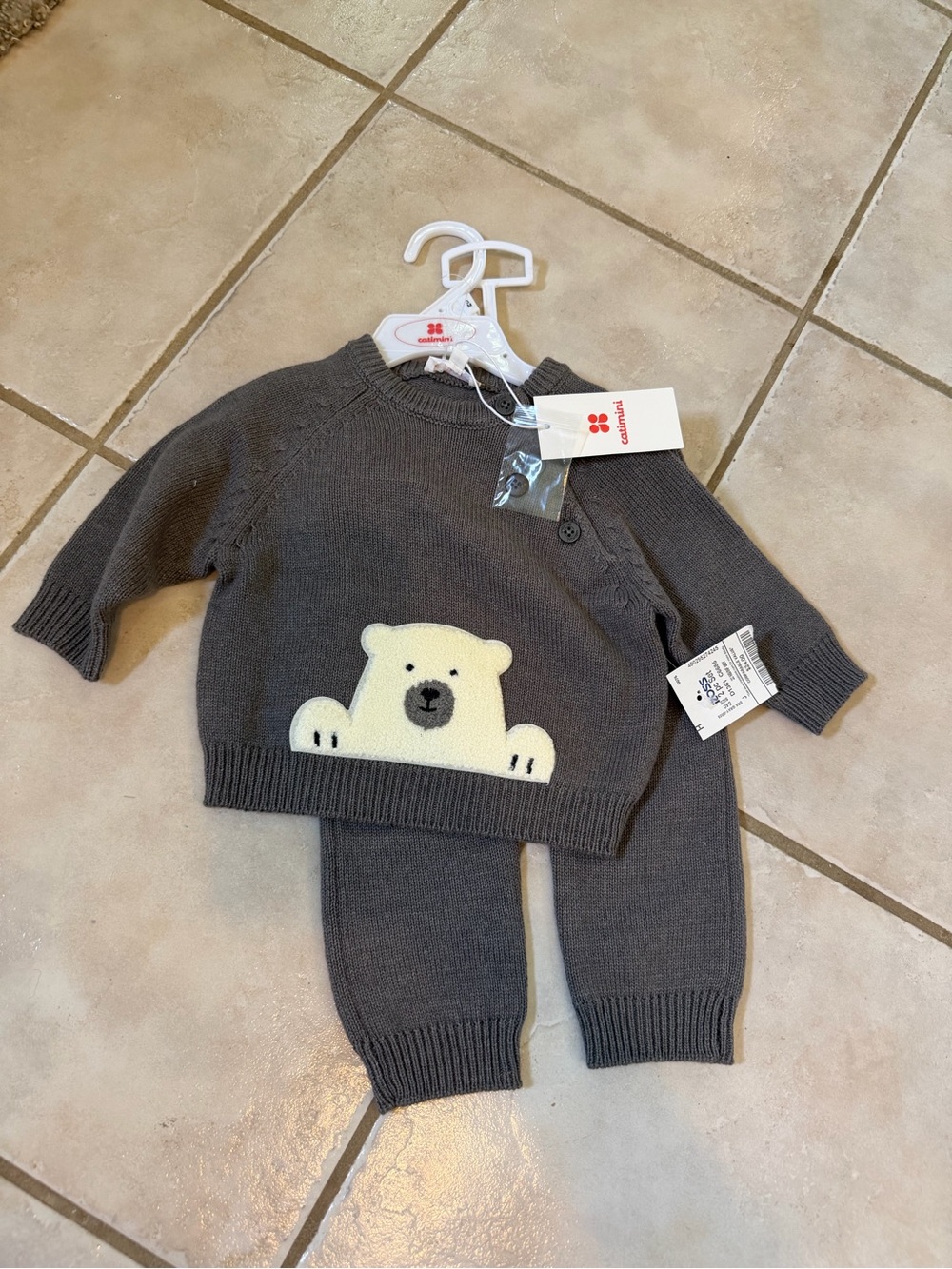 Adorable Gray Knit Baby Set with Cream Bear